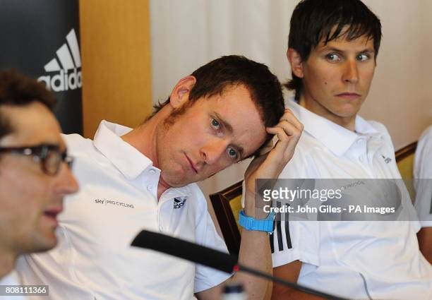 British cyclist Bradley Wiggins and members of the Sky Cycling Team answer questions at a Press Conference during the Tour de France preview day in...