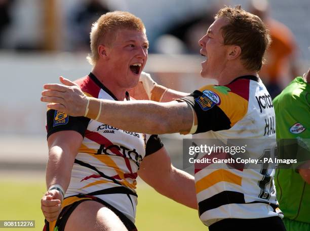 Bradford Bulls's Danny Addy celebrates with Glenn Hall after scoring a second half try against Hull FC during the engage Super League match at the...