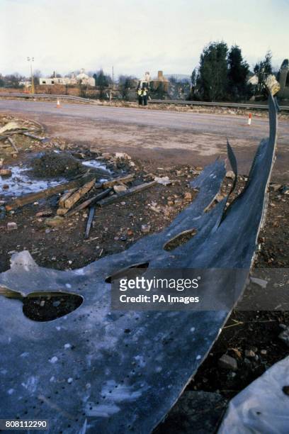 Wreckage from the bombed Pan Am Boeing flight PA 103 at the scene of the air crash in Lockerbie. The crash killed all 259 on board and 11 people on...