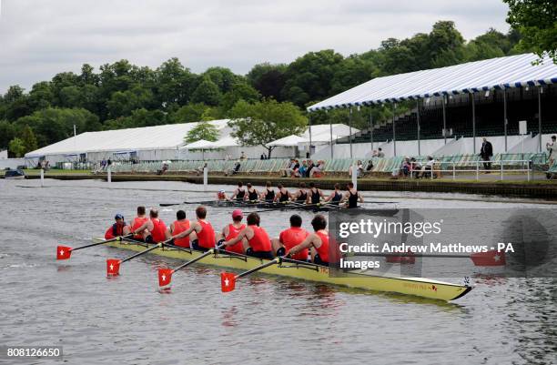 Potomac Rowing Club from the USA go on to win their Thames Challenge Cup race against Durham Rowing Club during the Henley Royal Reggatta at...