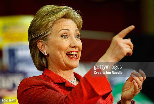 Democratic presidential hopeful Sen. Hillary Clinton points as she speaks during a campaign rally at the Zembo Event Center April 21, 2008 in...