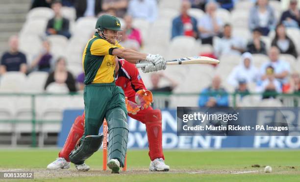 Nottinghamshire Outlaws' Chris Read hits out against Lancashire Lightning during the Friends Provident T20, North Group match at Old Trafford Cricket...