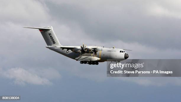 The Airbus A400M plane lands at the Royal International Air Tattoo at RAF Fairford, Gloucestershire.