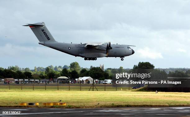 The Airbus A400M plane lands at the Royal International Air Tattoo at RAF Fairford, Gloucestershire.