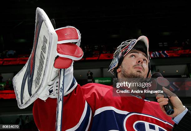 Carey Price of the Montreal Canadiens is interviewed by the media after his shutout win against the Boston Bruins during game seven of the 2008 NHL...