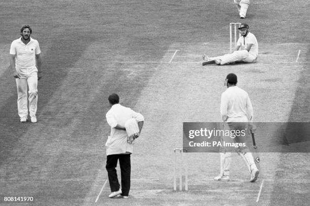 Australian Dirk Wellham ends up on his bottom avoiding a bouncer from England's Ian Botham . At the time Wellham was on 99 during his debut Test and...