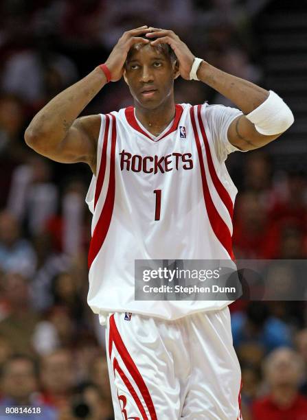 Tracy McGrady of the Houston Rockets reacts during the game with the Utah Jazz in Game Two of the Western Conference Quarterfinals during the 2008...