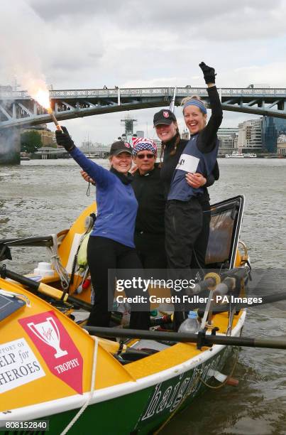 The Virgin GB Row 2010 team, Belinda Kirk, Angela Madsen, Beverley Ashton and Laura Thommason, celebrate completing their rowing challenge around...