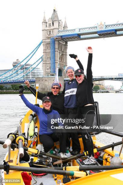 The Virgin GB Row 2010 team, Belina Kirk, Angela Madsen, Laura Thommason and Beverley Ashton, celebrate completing their rowing challenge around...