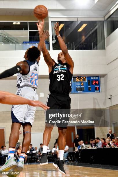 Kris Joseph of the Charlotte Hornets shoots the ball during the game against the Oklahoma City Thunder during the 2017 Orlando Summer League on July...