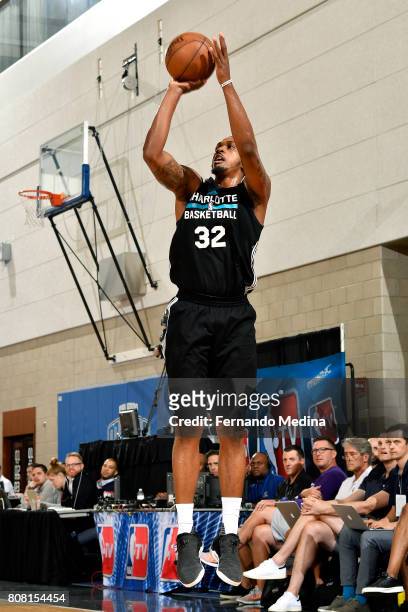 Kris Joseph of the Charlotte Hornets shoots the ball during the game against the Oklahoma City Thunder during the 2017 Orlando Summer League on July...