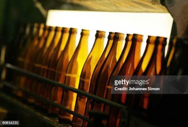 Empty beer bottles are seen in a filling station at the Maisacher brewery, on April 22, 2008 in Maisach near Munich, Germany. Beer is regarded as the...