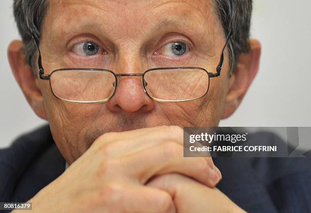 Director General of the International Air Transport Association , Italian Giovanni Bisignani, gestures at a press conference during the third...