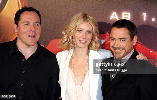 Actress Gwyneth Paltrow, director Jon Favreau and actor Robert Downey Jr. Attend the photocall to the movie 'Ironman' at the Ritz-Carlton on April...