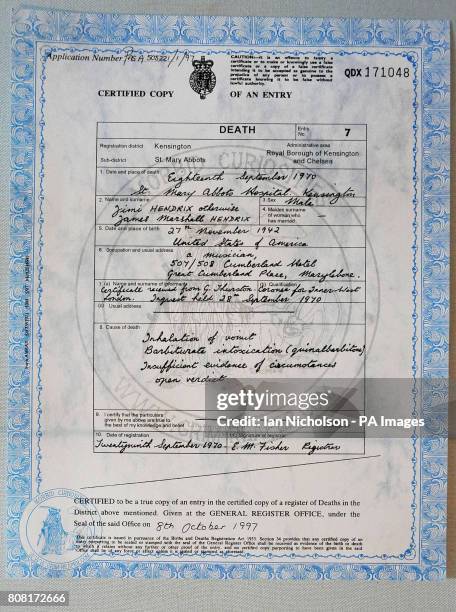 Copy of Jimi Hendrix's death certificate on display at a new exhibition marking the 40th anniversary of his death at Handel House Museum.