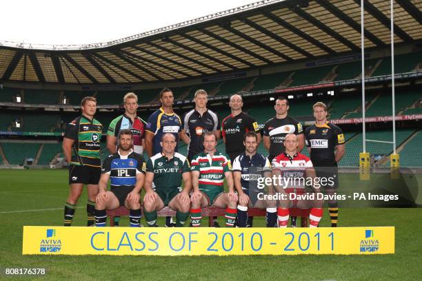 Back row from left, Northampton's Dylan Hartley, Harlequins' Chris Robshaw, Leeds' Andy Keys, Newcastle's James Hudson, Saracens' Steve Borthwick,...