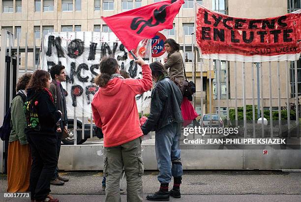 High school students protest on April 22, 2008 in front of the Rectorate of Lyon, against a job cuts in the Education including 8.830 teaching...