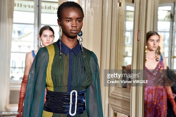 Model walks the runway during the Schiaparelli Haute Couture Fall/Winter 2017-2018 show as part of Haute Couture Paris Fashion Week on July 3, 2017...
