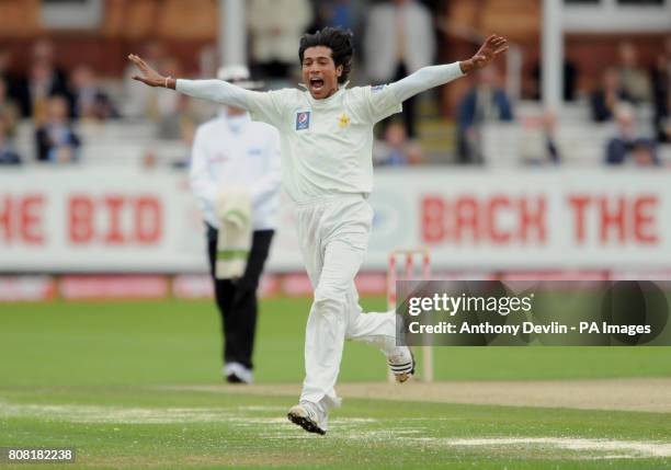 Pakistan's Mohammad Amir celebrates taking his fifth wicket of the match during the Fourth npower Test match at Lord's Cricket Ground, London.