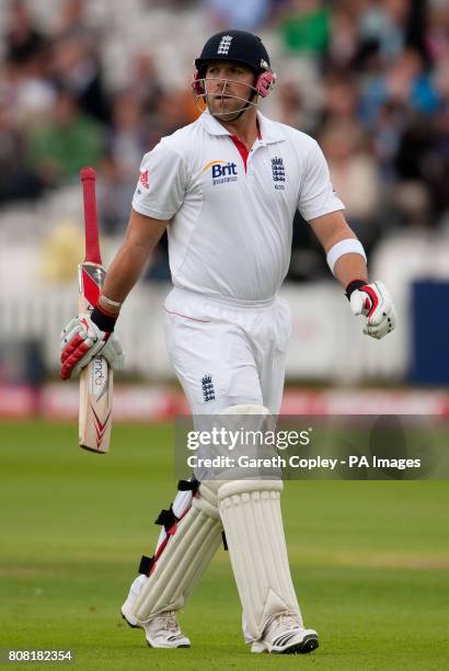 England's Matt Prior leaves the field after being dismissed by Pakistan's Mohammad Amir during the Fourth npower Test match at Lord's Cricket Ground,...