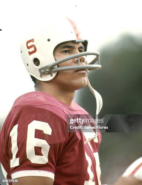 Quarterback Jim Plunkett of the Stanford Indians in a 29 to 22 win over the University of Washington Huskies at Stanford Stadium on November 7, 1970...