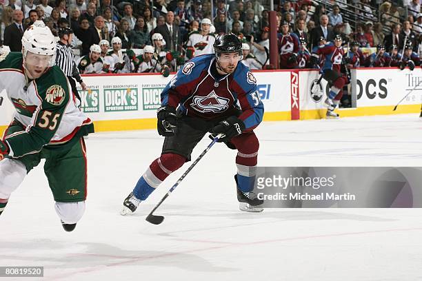 David Jones of the Colorado Avalanche skates against the Minnesota Wild during game six of the Western Conference Quarterfinals of the 2008 NHL...