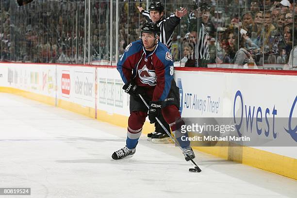 Wojtek Wolski of the Colorado Avalanche skates against the Minnesota Wild during game six of the Western Conference Quarterfinals of the 2008 NHL...