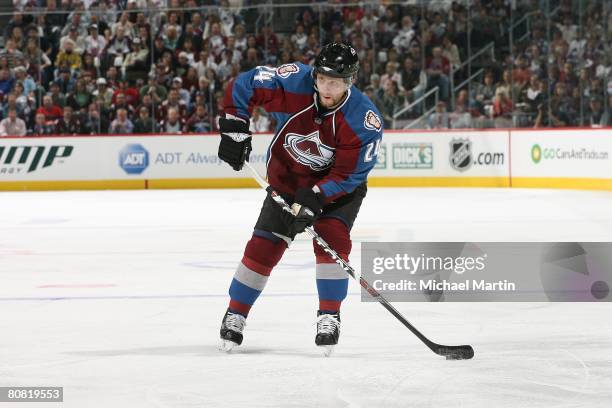 Ruslan Salei of the Colorado Avalanche skates against the Minnesota Wild during game six of the Western Conference Quarterfinals of the 2008 NHL...