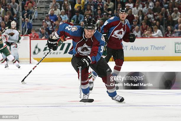 Adam Foote of the Colorado Avalanche skates against the Minnesota Wild during game six of the Western Conference Quarterfinals of the 2008 NHL...