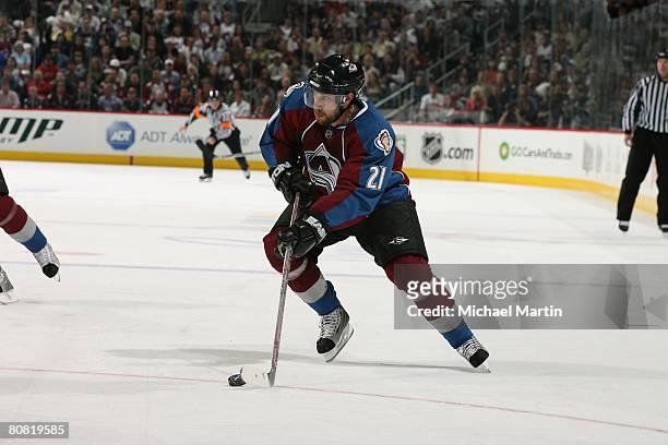Peter Forsberg of the Colorado Avalanche skates against the Minnesota Wild during game six of the Western Conference Quarterfinals of the 2008 NHL...