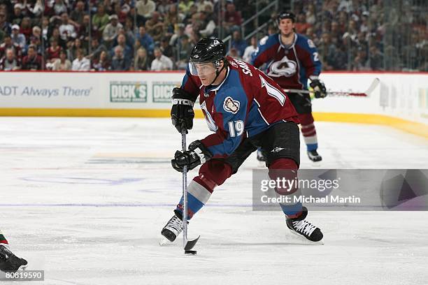 Joe Sakic of the Colorado Avalanche skates against the Minnesota Wild during game six of the Western Conference Quarterfinals of the 2008 NHL Stanley...