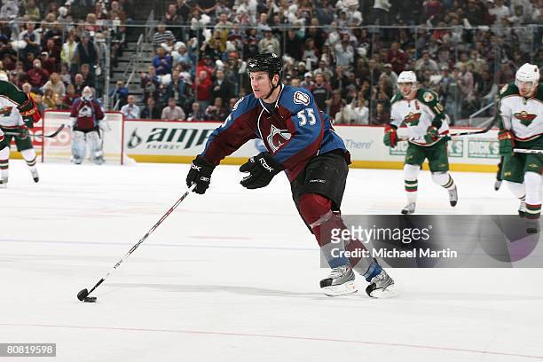 Cody McLeod of the Colorado Avalanche skates against the Minnesota Wild during game six of the Western Conference Quarterfinals of the 2008 NHL...