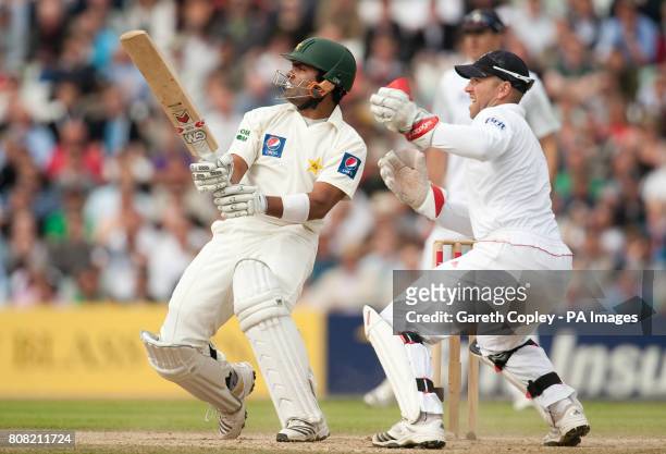 Pakistan's Umal Akmal bats watched by England wicketkeeper Matt Prior during the third npower Test at The Brit Insurance Oval, London.