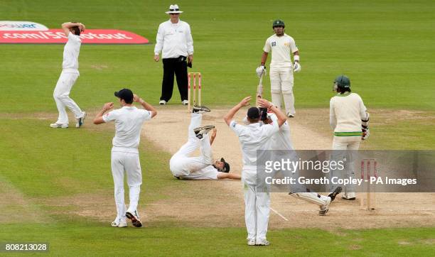 England fielders react as Jonathan Trott fails to reach a catch during the third npower Test at The Brit Insurance Oval, London.