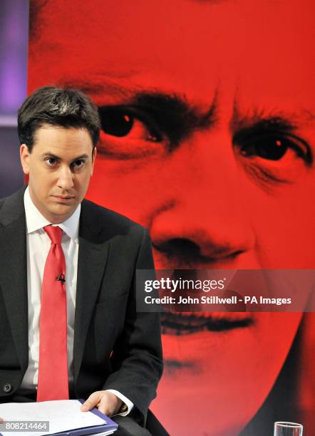 Labour Party leadership hopeful Ed Miliband looks on in the Channel 4 news studio, London, ahead of a live debate with presenter Jon Snow.
