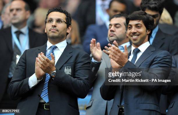 Manchester City owner Sheikh Mansour with chairman Khaldoon Al Mubarak during the Barclays Premier League match at the City of Manchester Stadium,...
