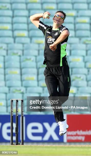 Surrey's Kevin Pietersen bowls during the Clydesdale Bank 40 match at the The Brit Insurance Oval, London.