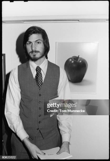 Portrait of American businessman and engineer Steve Jobs, co-founder of Apple Computer Inc, at the first West Coast Computer Faire, where the Apple...