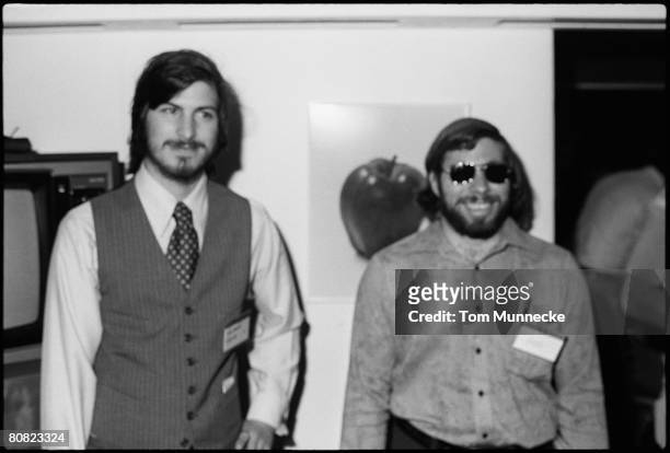 Portrait of American businessmen and engineers Steve Jobs and Steve Wozniak, co-founders of Apple Computer Inc, at the first West Coast Computer...