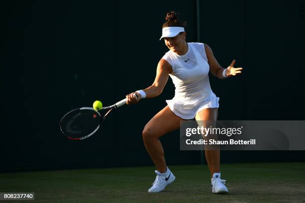 Bianca Andreescu of Canada plays a forehand during the Ladies Singles first round match against Kristina Kucova of Slovakia on day two of the...