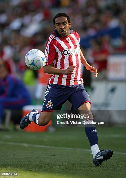 Maykel Galindo of CD Chivas USA paces the ball on the left wing during their MLS game against FC Dallas at the Home Depot Center on April 20, 2008 in...