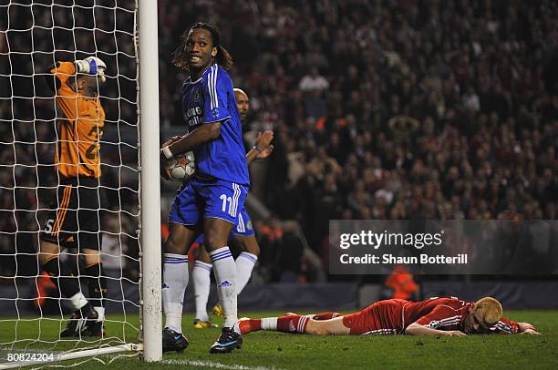 Didier Drogba of Chelsea retrieves the ball after John Arne Riise of Liverpool scored an own goal during the UEFA Champions League Semi Final, first...