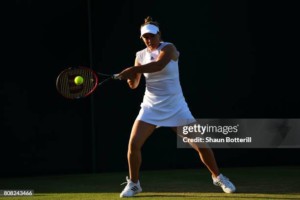 Kristina Kucova of Slovakia plays a backhand during the Ladies Singles first round match against Bianca Andreescu of Canada on day two of the...