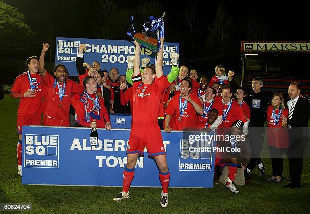 Rhys Day Captain of Aldershot Town picks up the Conferance trophy after the Blue Square Premier match between Aldershot Town and Weymouth at the...