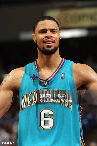 Tyson Chandler of the New Orleans Hornets looks on during the game against the Sacramento Kings at ARCO Arena on April 12, 2008 in Sacramento,...
