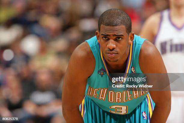 Chris Paul of the New Orleans Hornets looks on against the Sacramento Kings during the game at ARCO Arena on April 12, 2008 in Sacramento,...