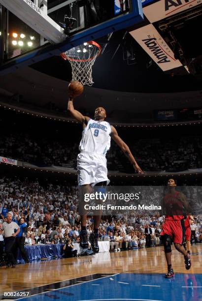 Rashard Lewis of the Orlando Magic dunks against the Toronto Raptors in Game Two of the Eastern Conference Quarterfinals during the 2008 NBA Playoffs...