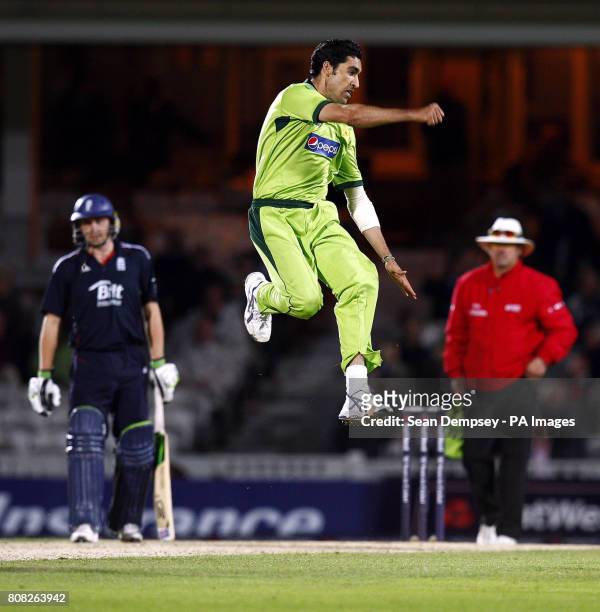 Pakistan's Umar Gul celebrates bowling England's Eoin Morgan during the Third One Day International at the Brit Insurance Oval, London.