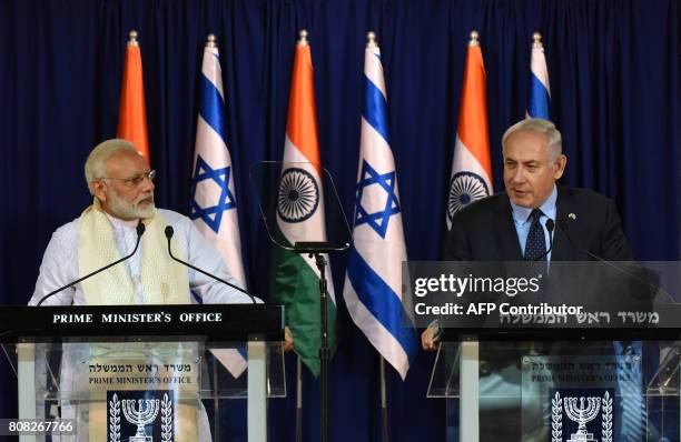 Indian Prime Minister Narendra Modi and Israeli Prime Minister Benjamin Netanyahu make a joint statement on July 4 at the Netanyahu's residence in...