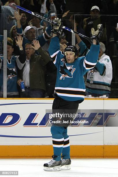 Jeremy Roenick of the San Jose Sharks celebrates after scoring a goal in the second period against the Calgary Flames during game seven of the 2008...